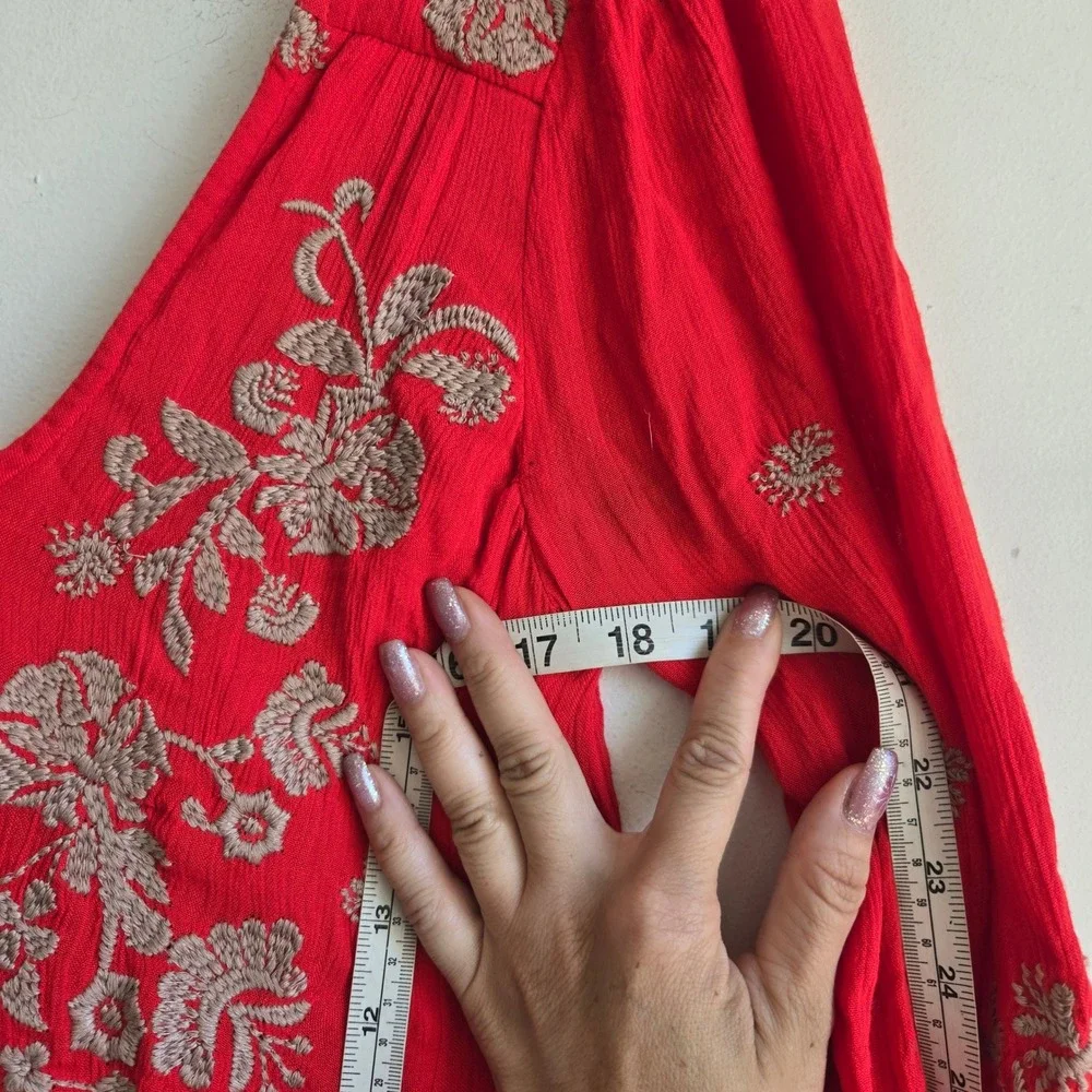 Free People XS Mini Dress Womens Red Good Embroidered V-Neck Boho Pockets